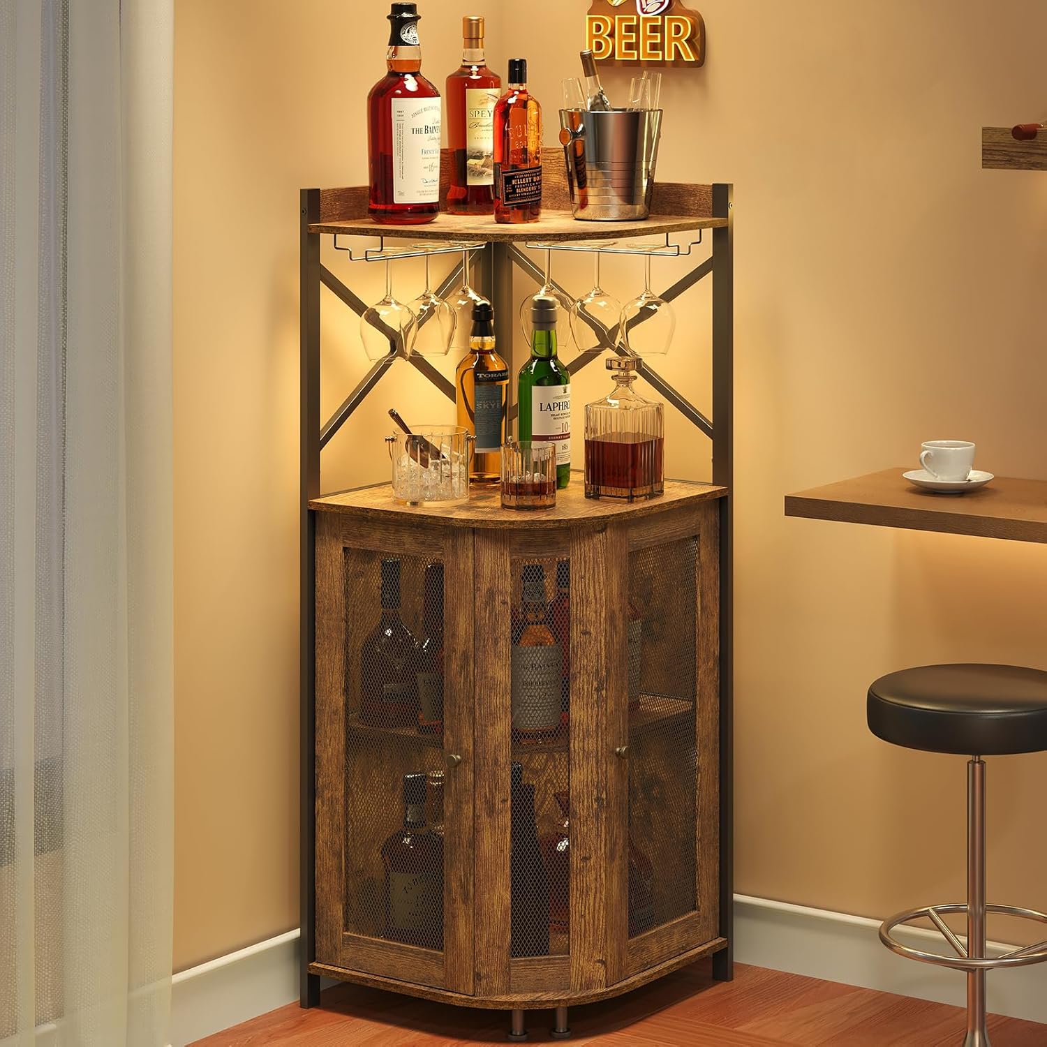 Home Bar Shelves - Corner LED Bar Cabinet with Glass