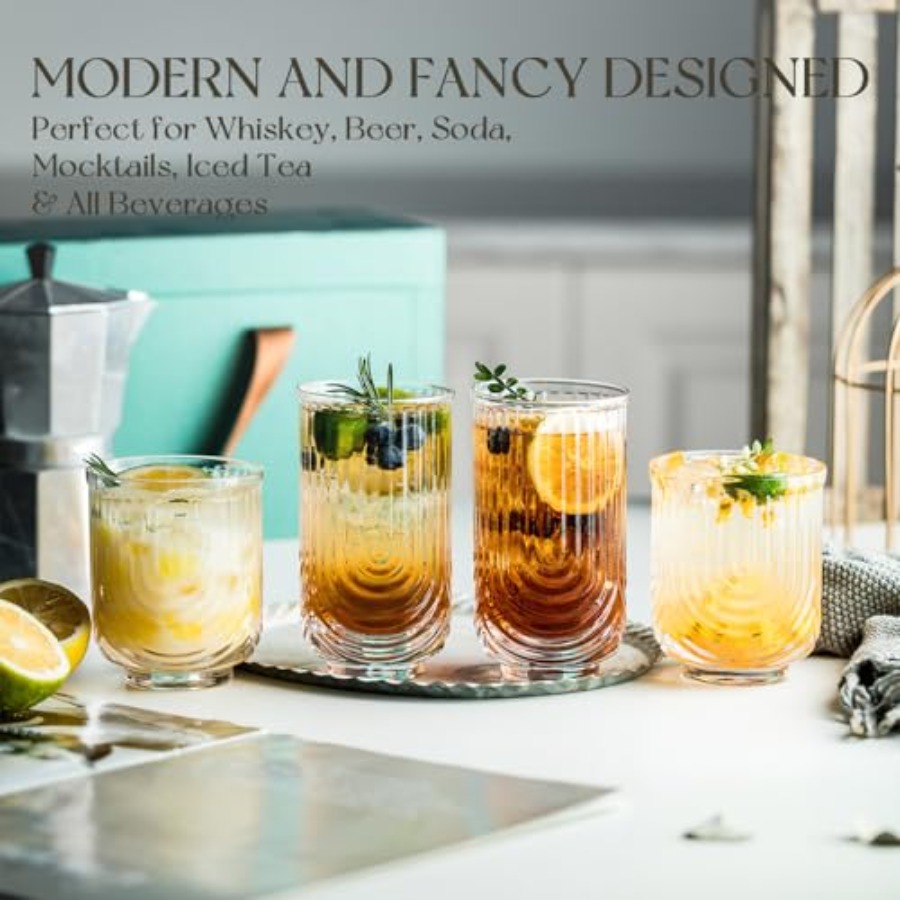 Art Deco Cocktail Glasses, Rib - Highball Glass Set のレビューと価格