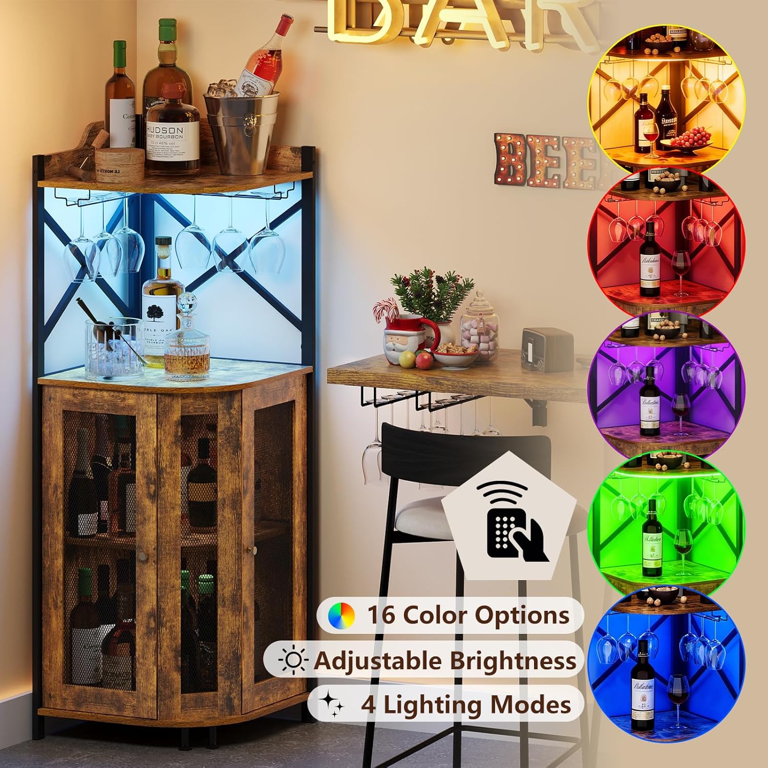 Corner LED Bar Cabinet with Gl - Home Bar Shelves のレビューと価格
