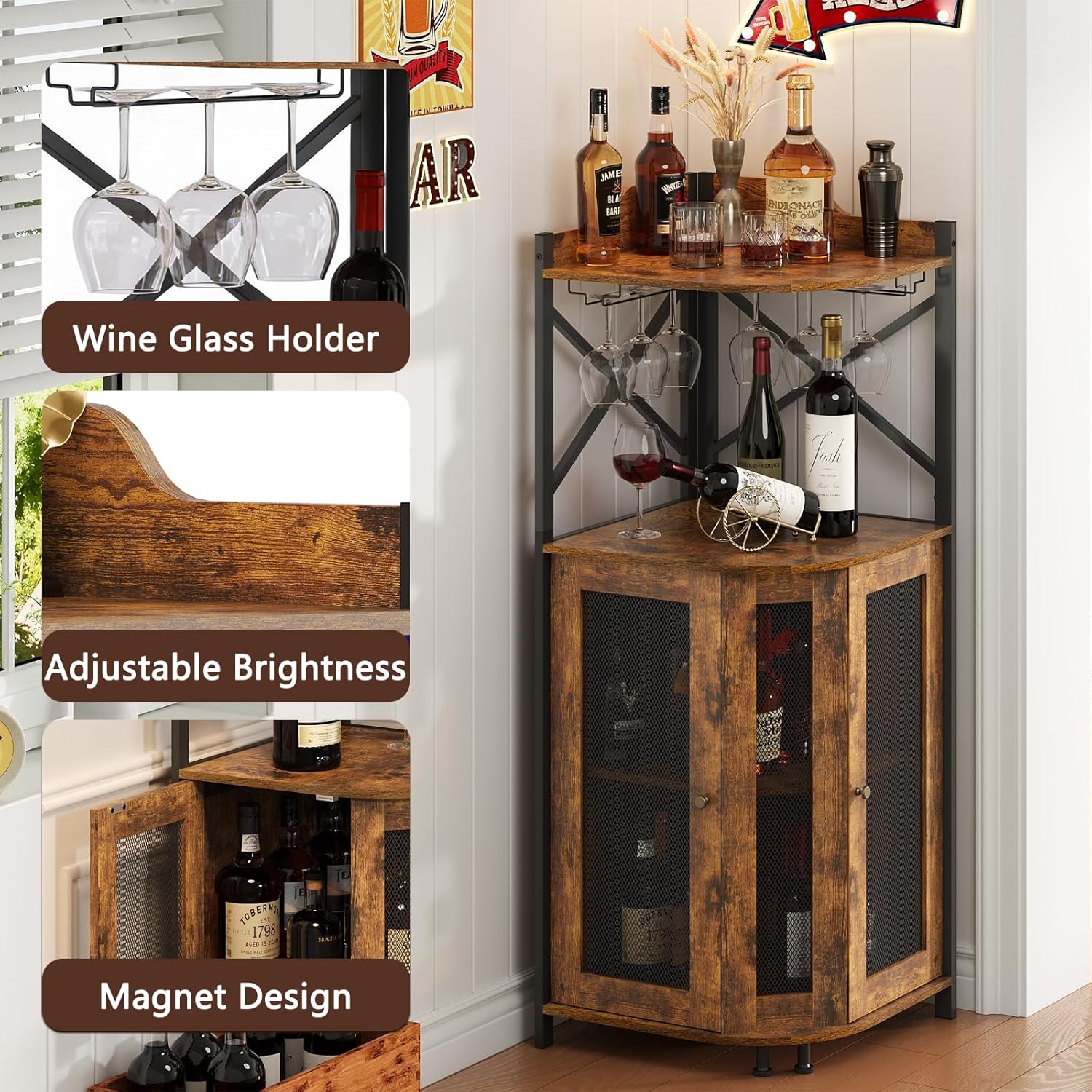 Corner LED Bar Cabinet with Gl - Home Bar Shelves のレビューと価格